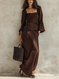 Women's Casual Brown Cotton-linen Long-sleeve Top With A Square Neck, Paired With A Skirt MDZ1739G0LXY