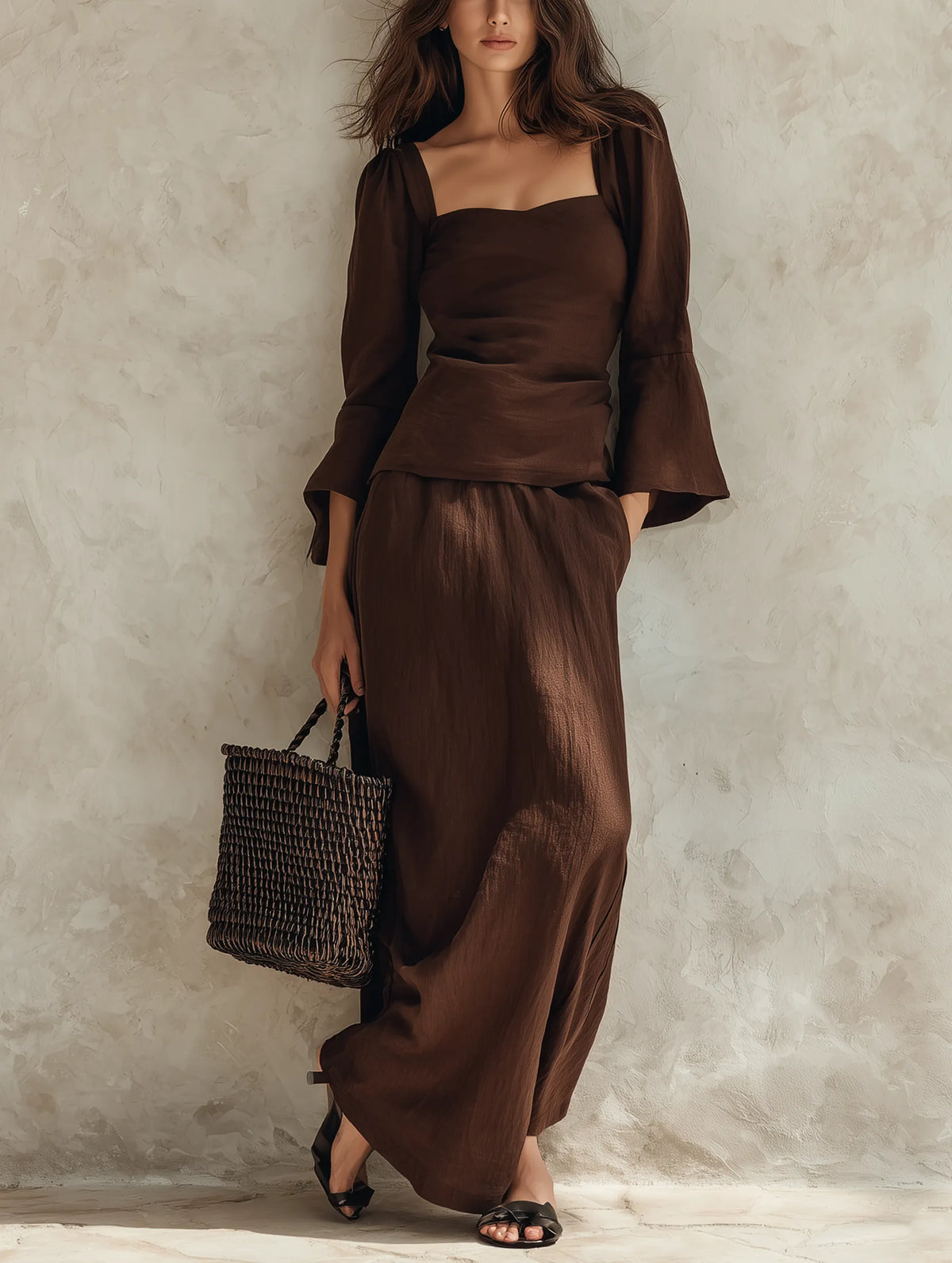 Women's Casual Brown Cotton-linen Long-sleeve Top With A Square Neck, Paired With A Skirt MDZ1739G0LXY