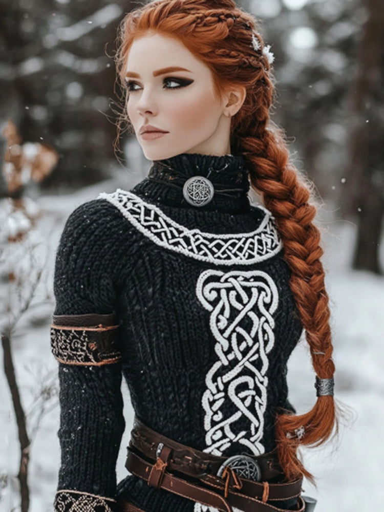 Women's Viking Geometric Lines Knitted Cozy High Neck Sweater