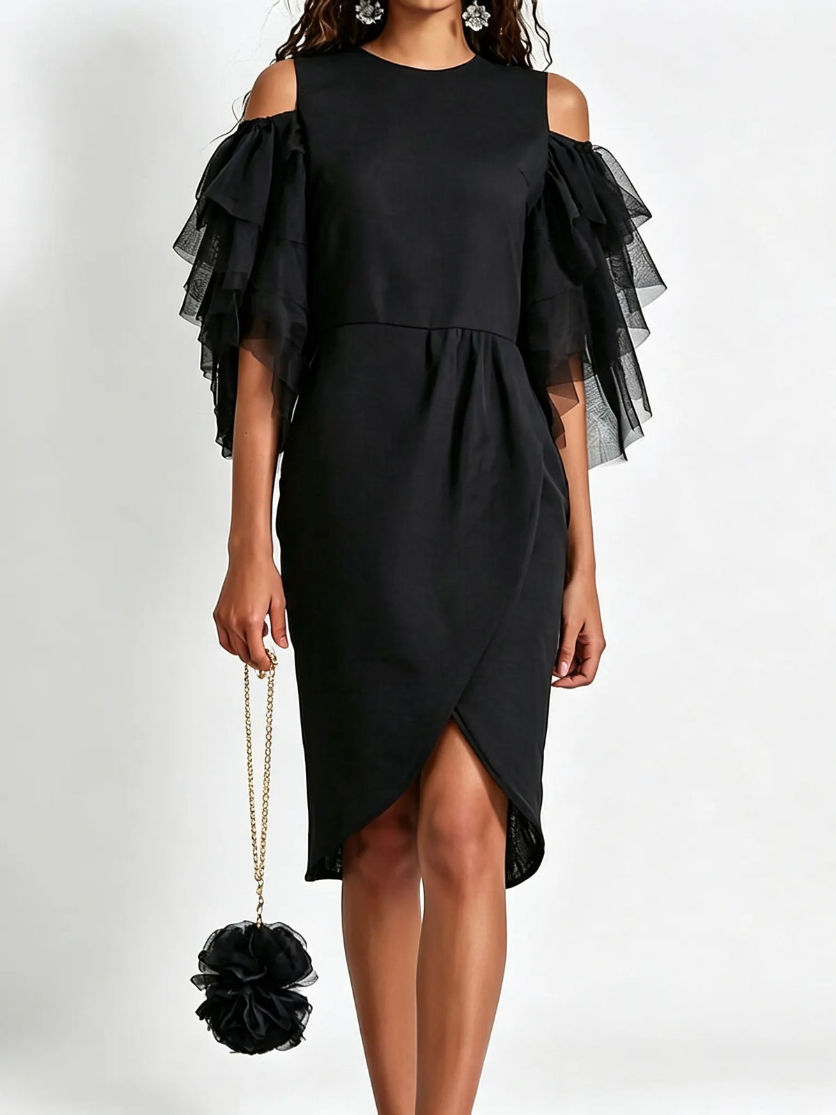 Black Off Shoulder Mesh Ruffle Midi Dress Round Neck Wrap Split Bodycon Cocktail Dress