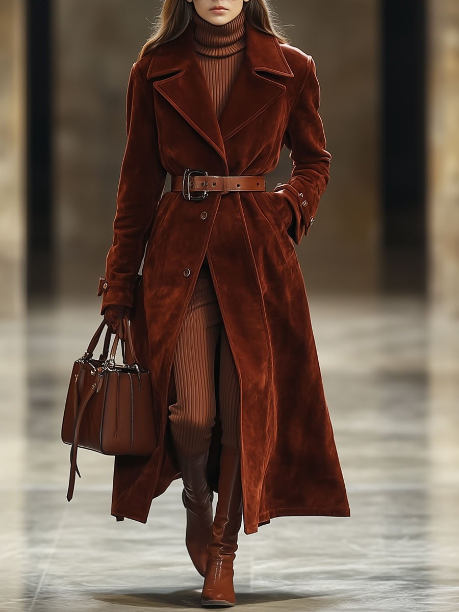 [24-hour shipping out]Casual Loose Vintage Angora Red Suede Pocket Lapel Extra Long Coat