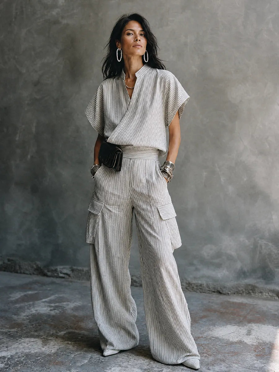 Women's Casual Vacation Gray White Cotton Blend Striped Wrap Top Cargo Pocket Wide-Leg Pants Set MDZ1618G6GMJ