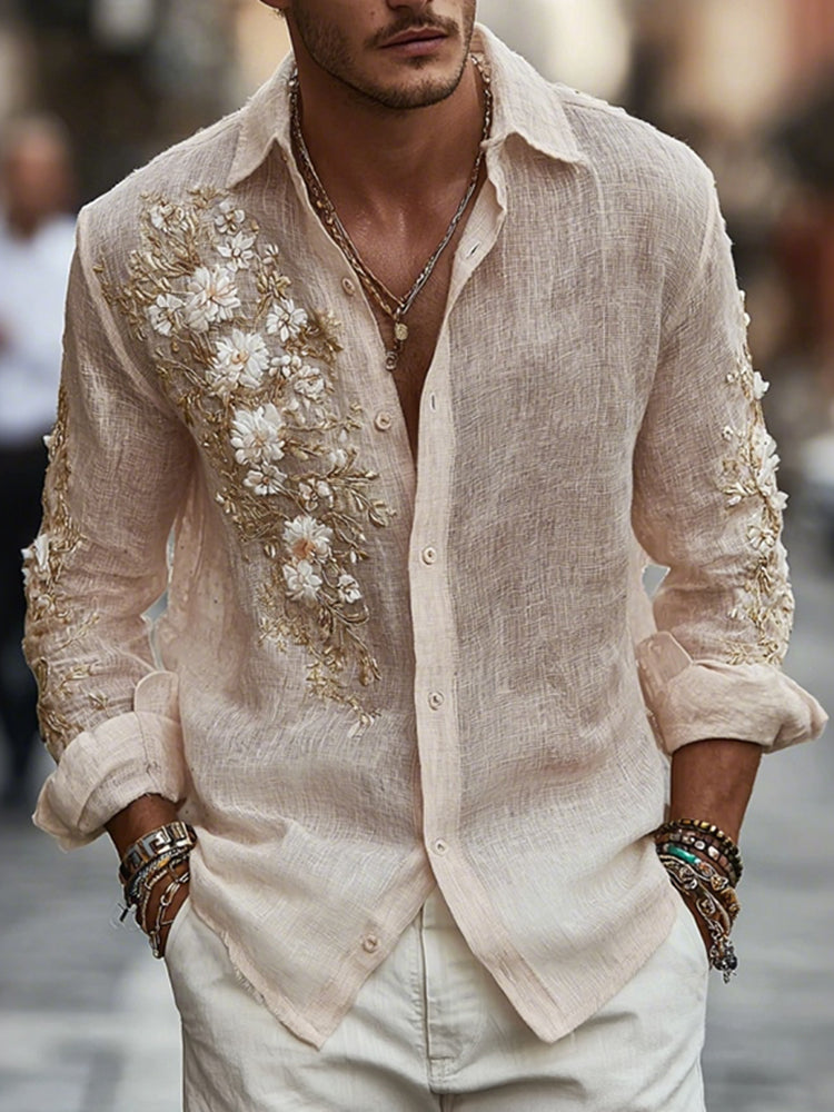 Men's Japanese Floral Art Comfy Linen Shirt