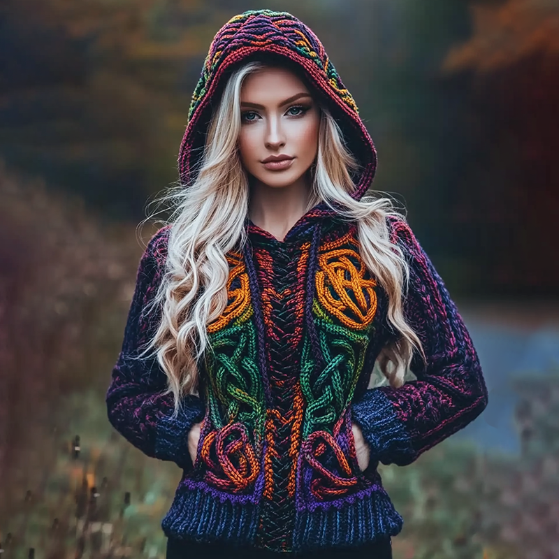 Women's Viking Celtic Knot Colorful Knit Hooded Sweater