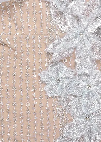 Floral Bardot Crystal Dress Nude
