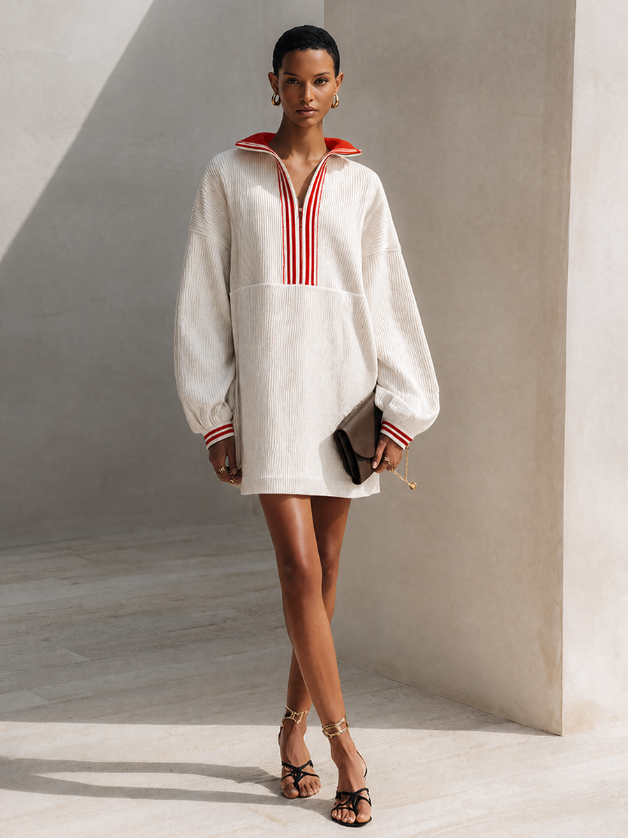 Women's White Ribbed Knit Red Contrast Collar Half-Zip Mini Dress MDZ2093G9ZRK
