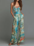 Boho Chic Ocean Mosaic Printed Chiffon Wide-Leg Jumpsuit