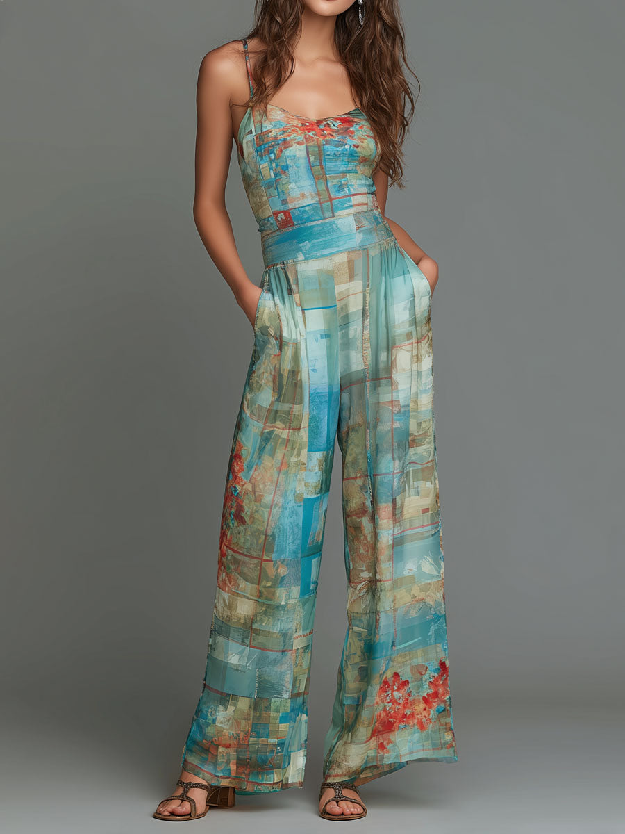 Boho Chic Ocean Mosaic Printed Chiffon Wide-Leg Jumpsuit