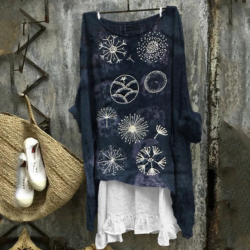 Dandelion Japanese Sashiko Embroidered Art Linen Blend Tunic