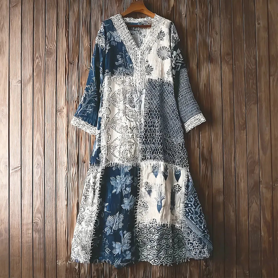 Japanese Art Retro Style Lace Patchwork Design V-neck Cotton And Linen Dress