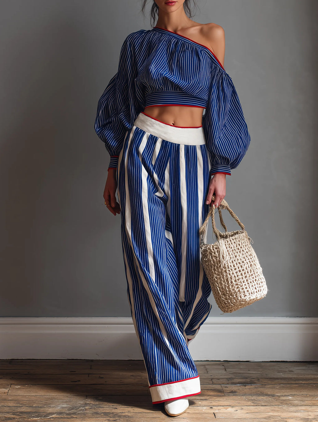 Women's Casual Striped Long-Sleeve Blouse And Straight-Leg Pants Set MDZ0920G9WY