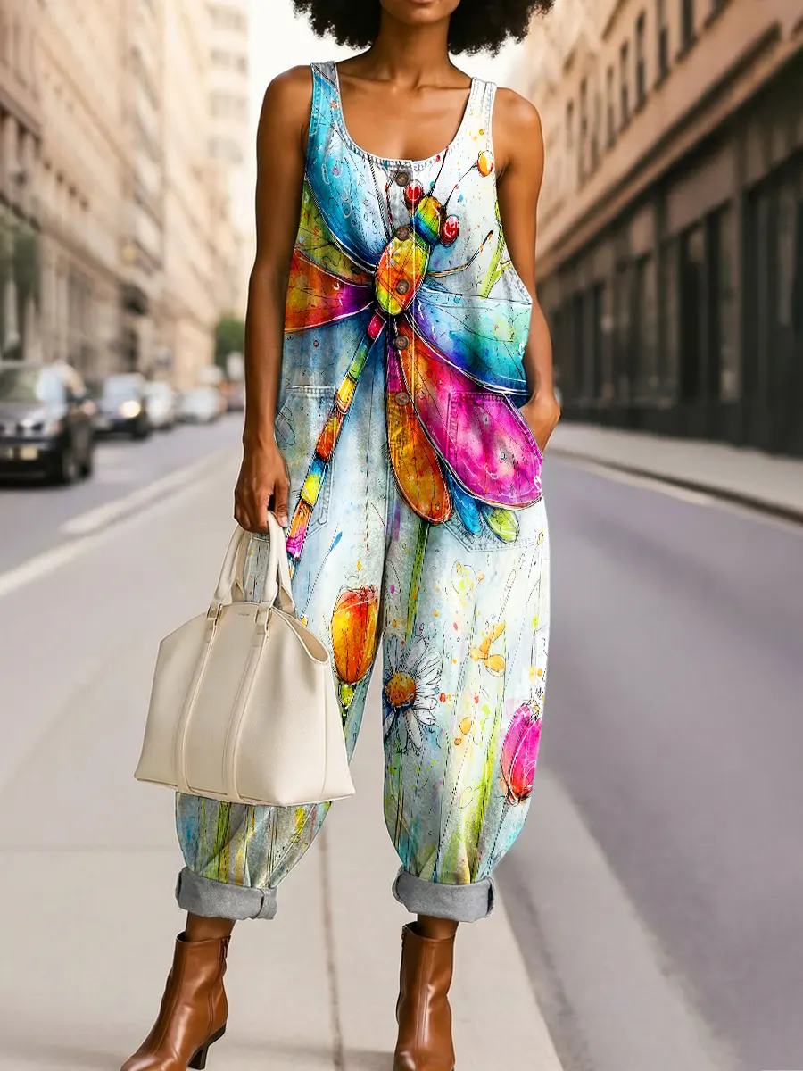 Women's Colorful Abstract Dragonfly Art Print Casual Jumpsuit