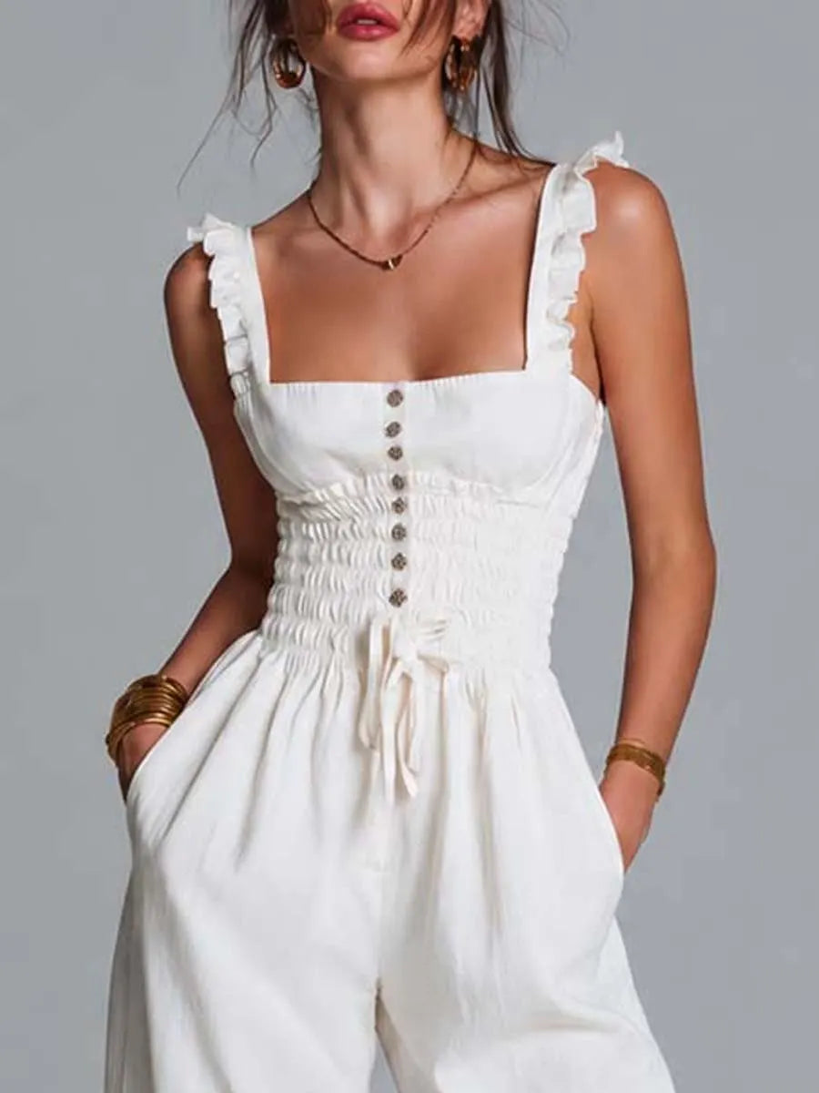 White Cotton Blend Ruffled Strap Smocked Wide-Leg Jumpsuit