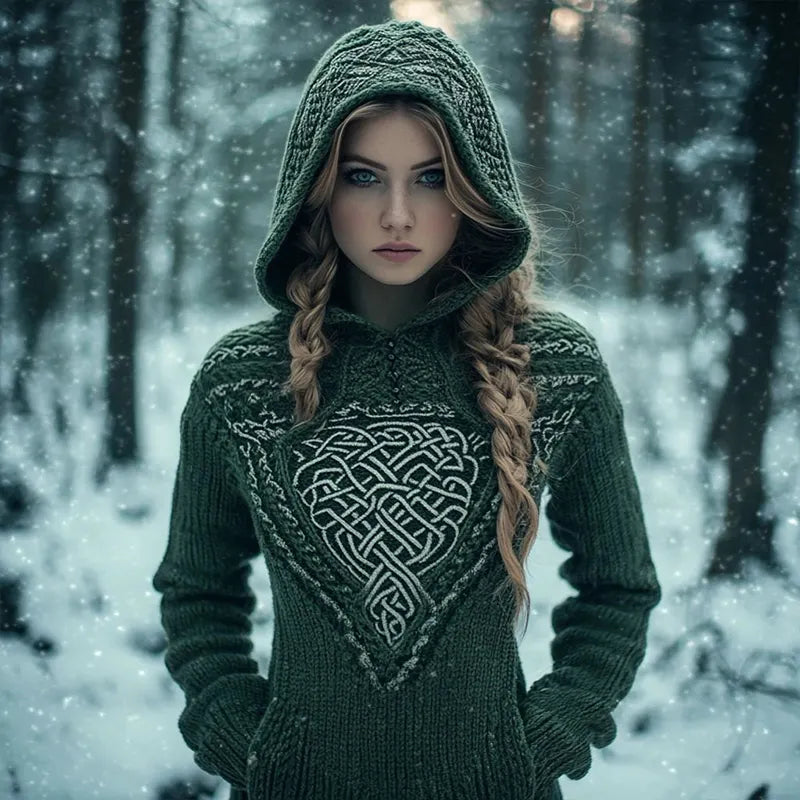 Women's Celtic Knot Jacquard Cozy Knit Hooded Sweater