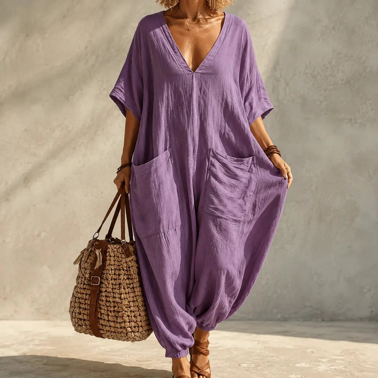 Solunya – Loose V-Neck Summer Jumpsuit with Deep Pockets, Batwing Sleeves, 6 Colors