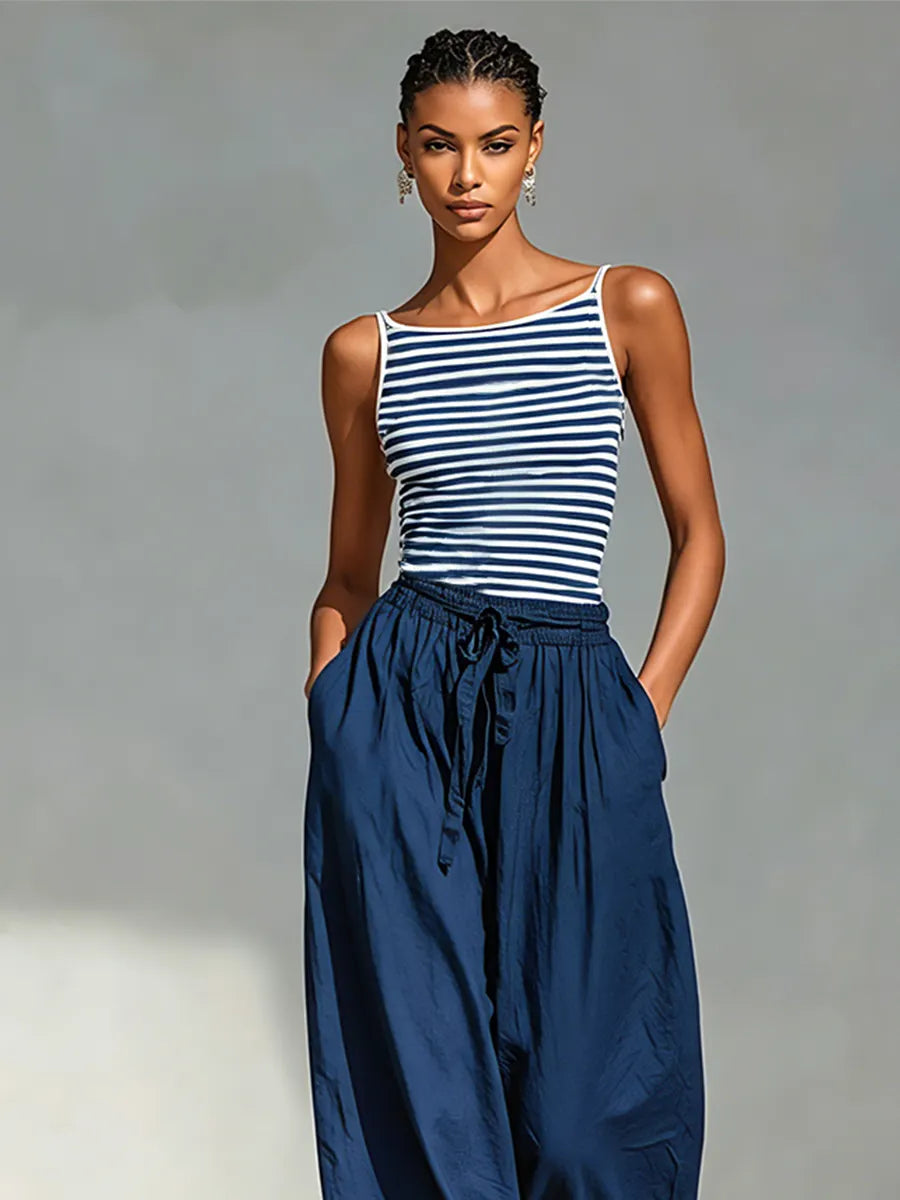 Women's Navy & White Striped Cotton-Blend Two-Piece Set With Square Neck Sling Top & Drawstring Harem Jogger Pants, Minimalist Casual Vacation Outfit MDZ0518F8LYL