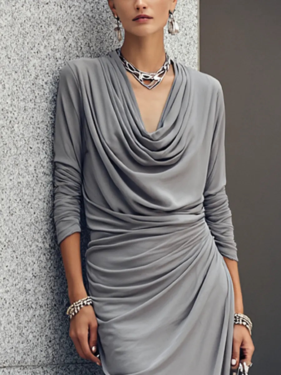 Women's Luxury Workwear Style Mist Grey Cotton Blend Cowl Neck Long Sleeve Side Ruched Maxi Dress MDZ0627G1GMJ