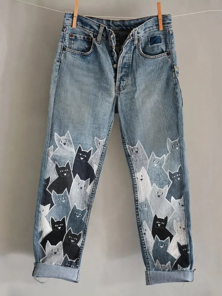 Lovely Crowded Cats Denim Art Washed Jeans