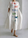 Japanese Art Color Dragonfly Print Long Sleeve Casual Midi Dress