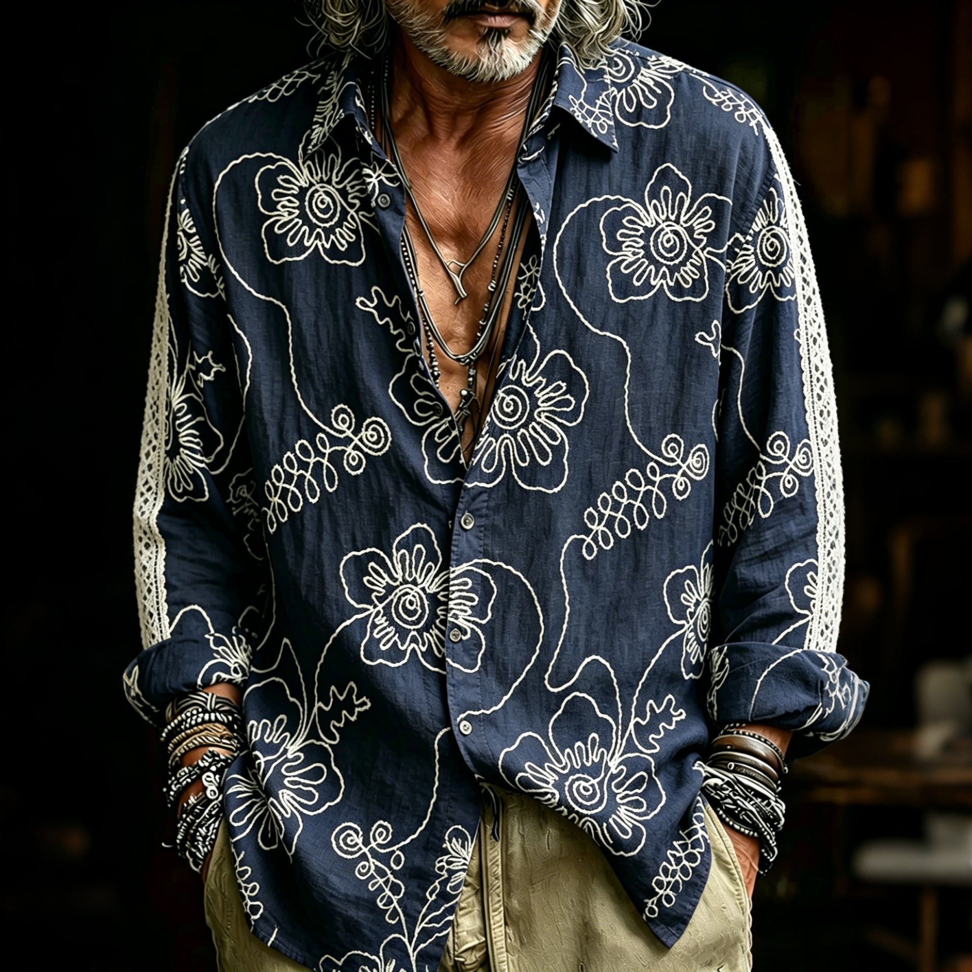 Men's Retro Flower Embroidery Pattern Casual Linen Shirt