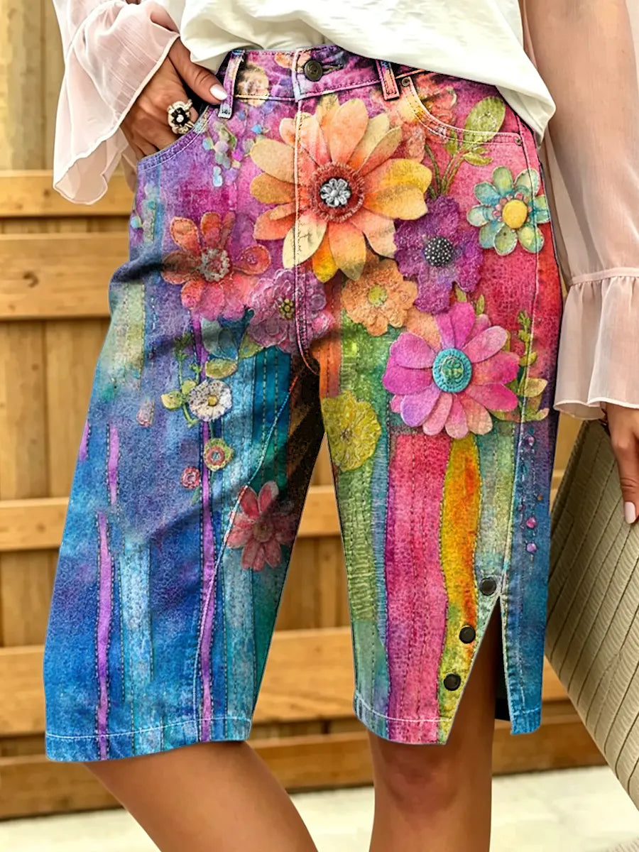 Women's Abstract Floral Stripe Print Denim Bermuda Shorts