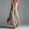 Women's Summer Deep V-Neck Button-Down Maxi Dress - Boho Loose Fit Sleeveless Long Sun Dress with Pockets