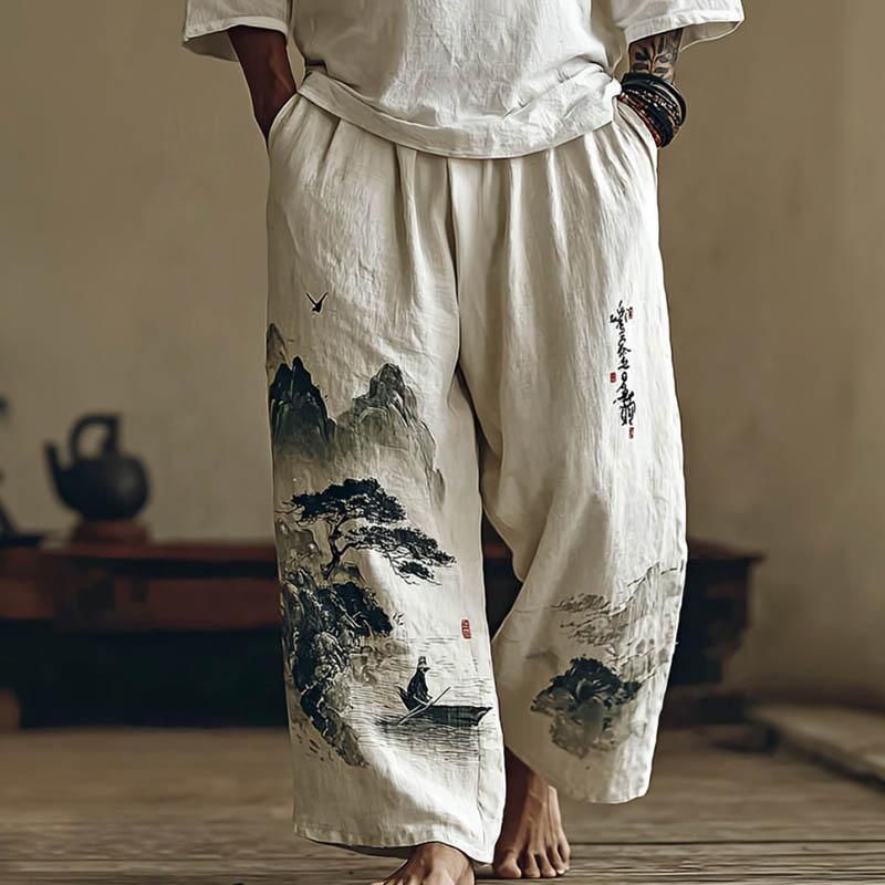 Men's Retro Japanese Landscape Print Casual Pants