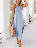 Halter Light Blue Midi Dress with Pocket