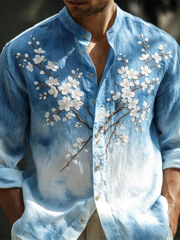 Vintage Sakura Hand-embroidered Artistic Tie-dye Open-front Shirt