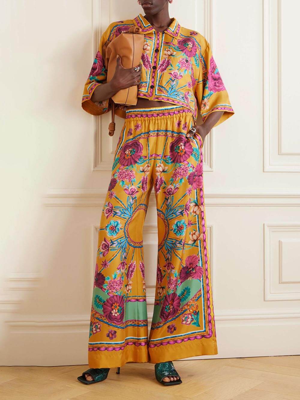 Sunset Cropped Unique Floral Printed Loose Wide-Leg Pants