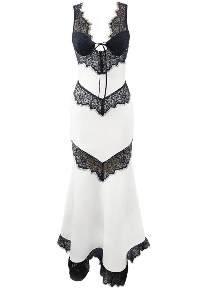 Lace Insert Maxi Dress Black White