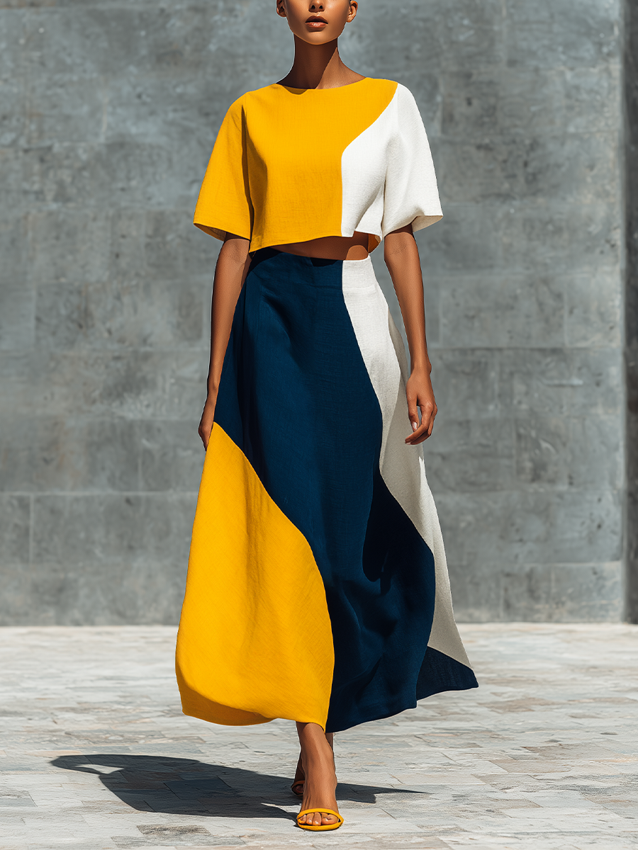 Women’s Color Block Linen Round Neck Puff Sleeve Crop Top & High Waist Asymmetric Color Block Midi Skirt Two-Piece Matching Set MDZ2654F3T