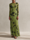 Women's Elegant Green Floral Print Mesh Round Neck Long Sleeve Lace Trim Maxi DressMDZ2052G5ZSQ