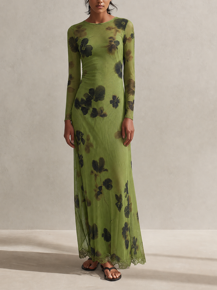 Women's Elegant Green Floral Print Mesh Round Neck Long Sleeve Lace Trim Maxi DressMDZ2052G5ZSQ