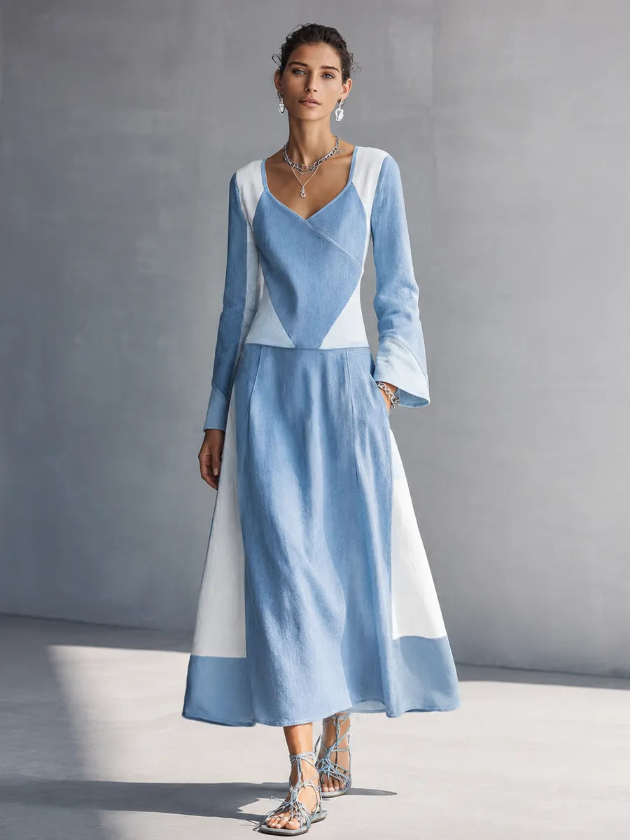 Women's Minimalist Style Light Blue Linen Cotton V Neck Flare Long Sleeve Geometric Color Block Midi Dress MDZ0147G5GMJ
