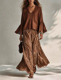 Women's Minimalist Cotton-Linen Blend V-Neck Flared-Sleeve Top &amp; Zebra-Print Skirt Two-Piece Set MDZ0940G0ZRK