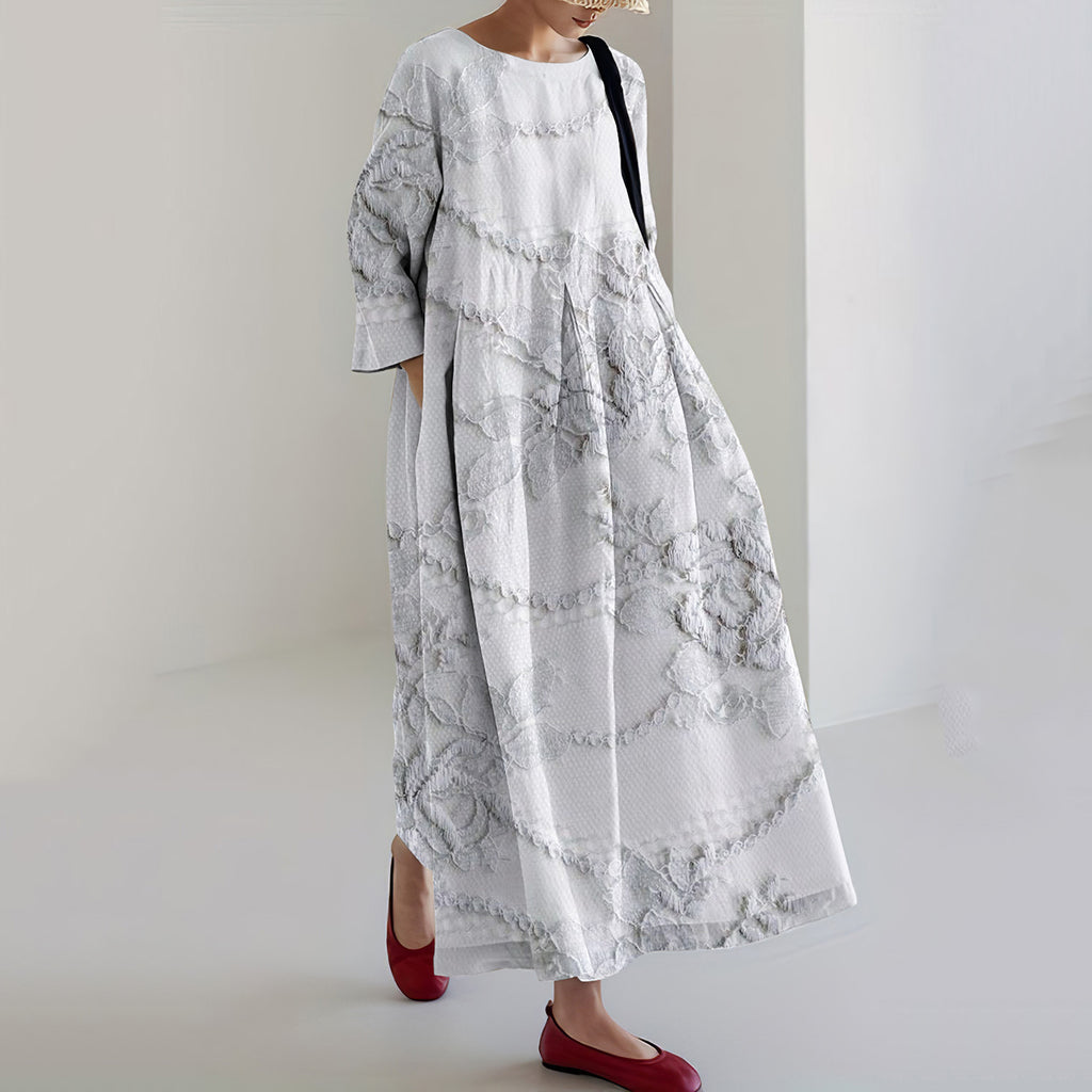 Floral Lace Embroidery Print Long Sleeve Casual Midi Dress