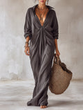 Women's Minimalist Linen-Blend Long-Sleeve Straight-Cut Maxi Shirt Dress MDZ0837G8WY