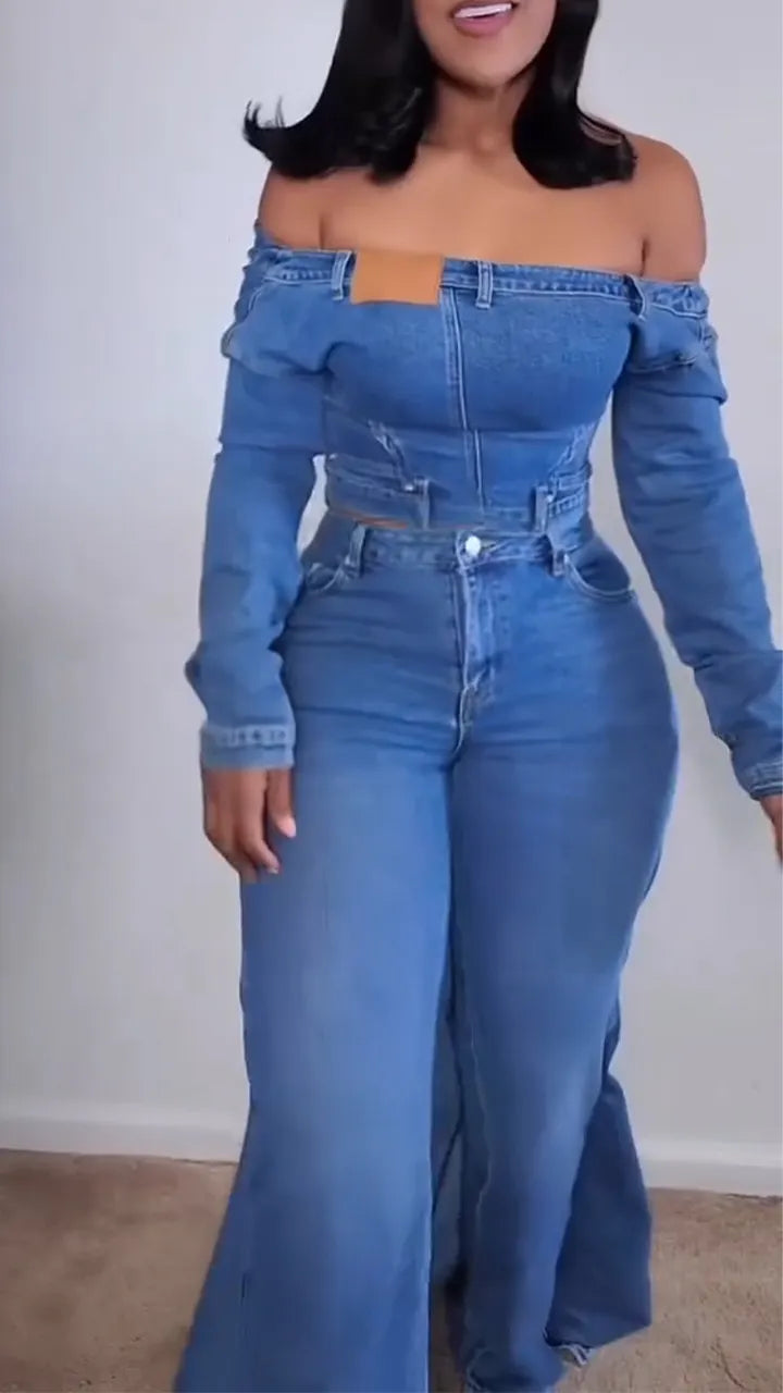Women Strapless Patchwork Top+ Pants Casual Denim Suit
