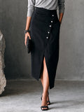 Women's Elegant Black Cotton Blend Asymmetric Button Front Slit Midi Skirt MDZ1692G7GMJ