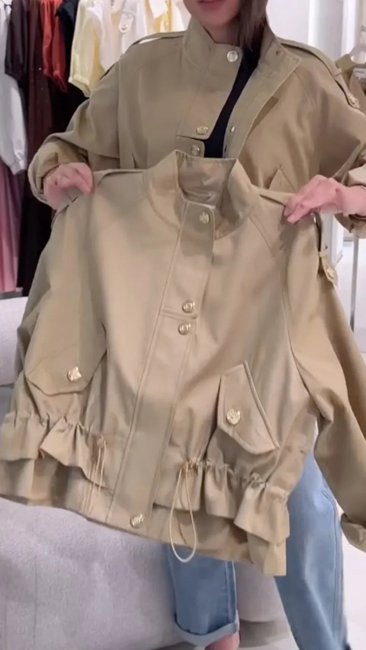 Beige Drawstring Waist Utility Jacket