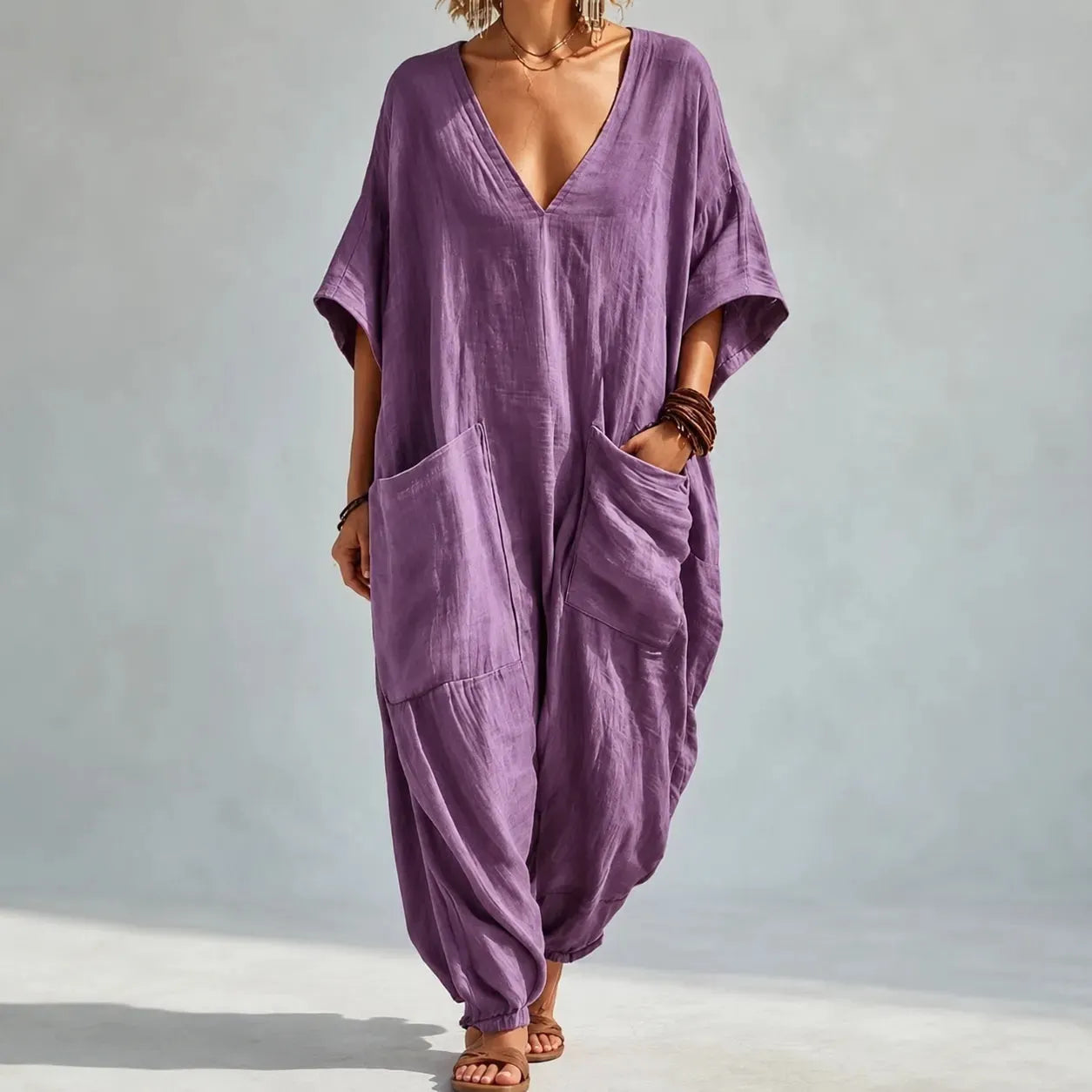 Solunya – Loose V-Neck Summer Jumpsuit with Deep Pockets, Batwing Sleeves, 6 Colors