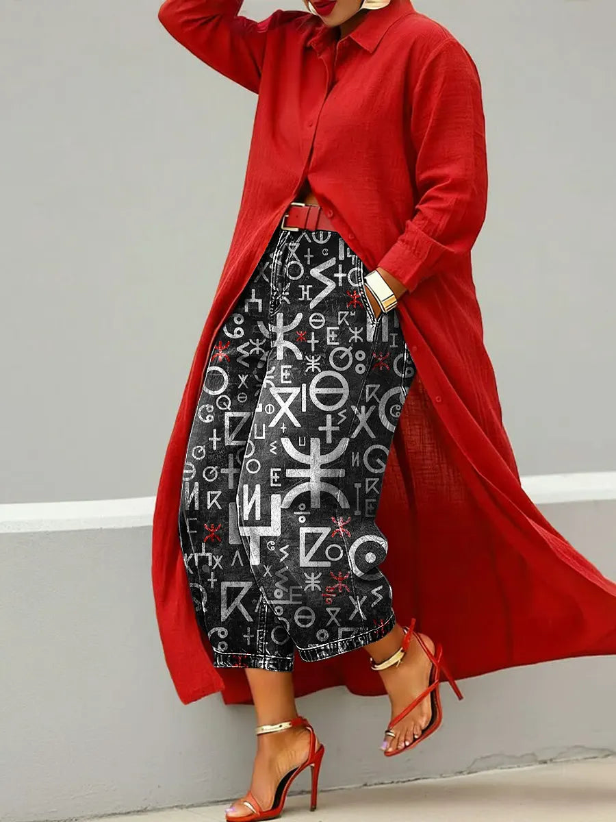 Women's Abstract Amazigh Art Print Casual Loose Wide-leg Denim Pants