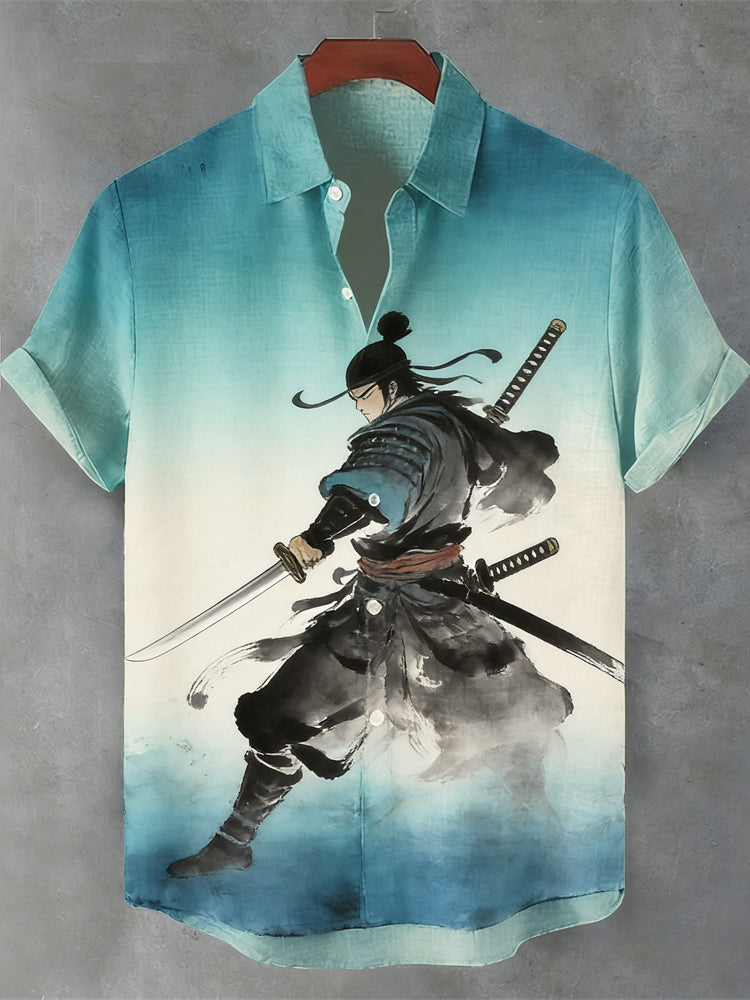 Japanese Samurai Pattern Men's Linen Short Sleeve Shirt