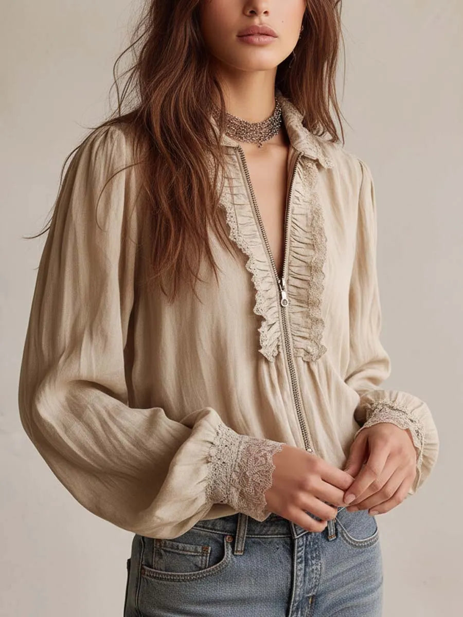 Victorian Ruffle Lace Zip Blouse