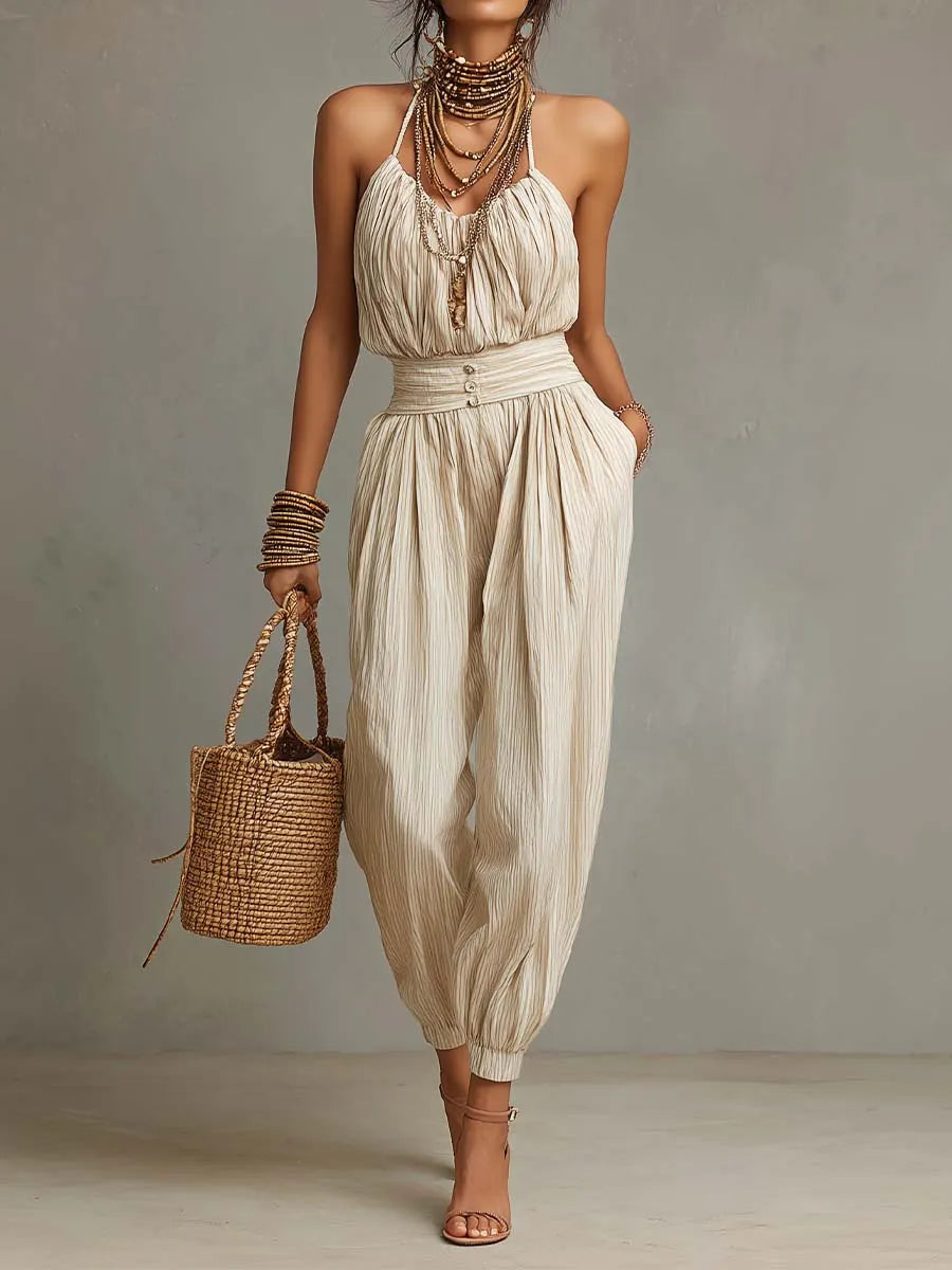 Bohemian Halter Smocked Waist Crinkled Jumpsuit