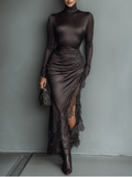 Women's Dark Brown Satin Irregular Hem Lace Slim Maxi Dress MDA0501H1T