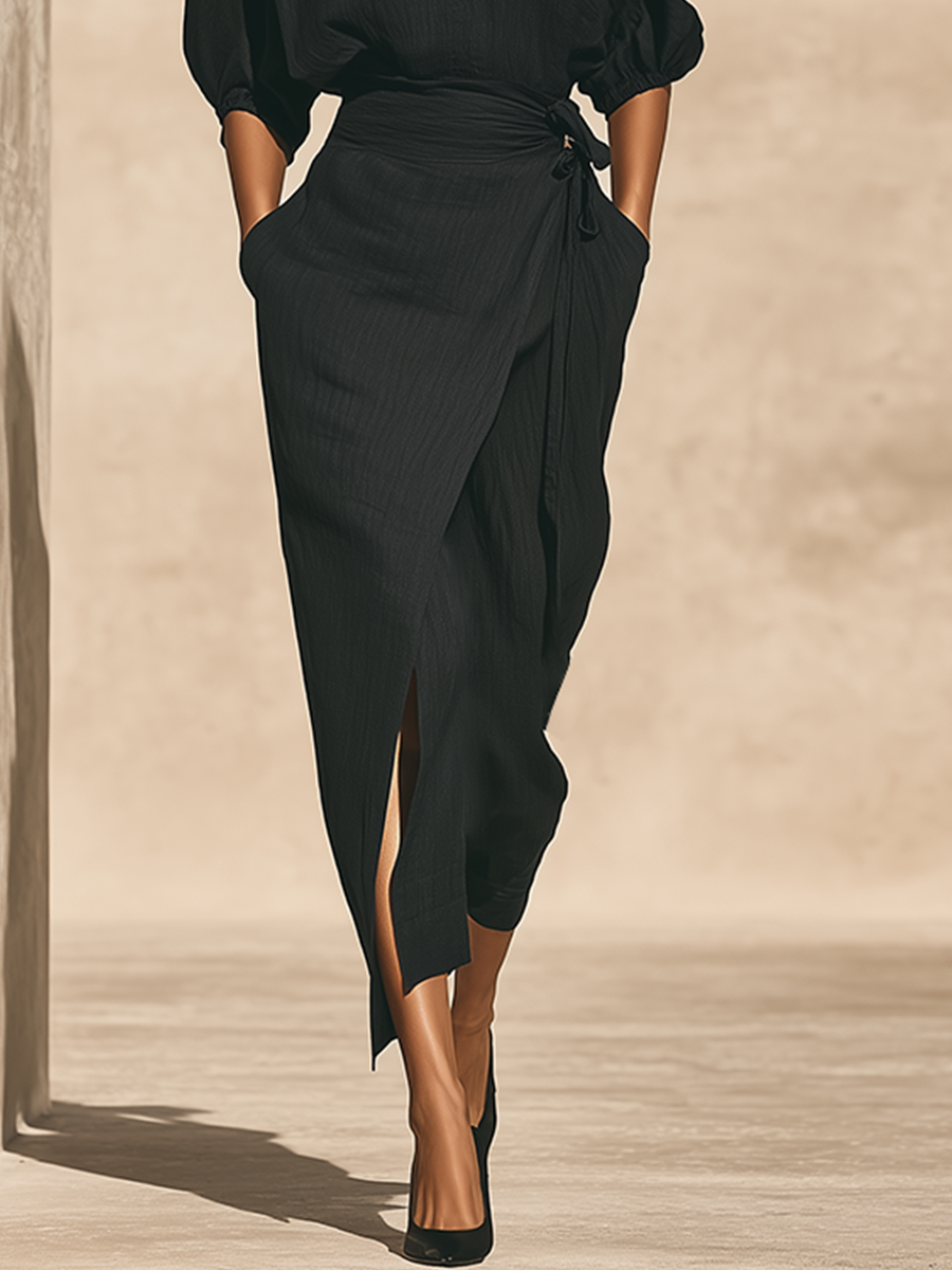 Women's Black Textured Linen Blend Two Piece Wrap Matching Set With Batwing Puff Sleeve Top & Tie Waist Wrap Midi Skirt, Minimalist Resort Elegant Outfit MDZ1605G0LYL