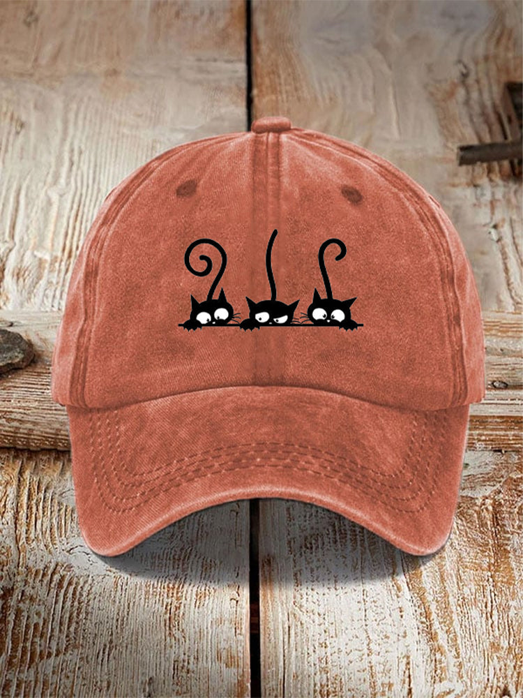 Japanese Art Black Cat Print Washed Hat