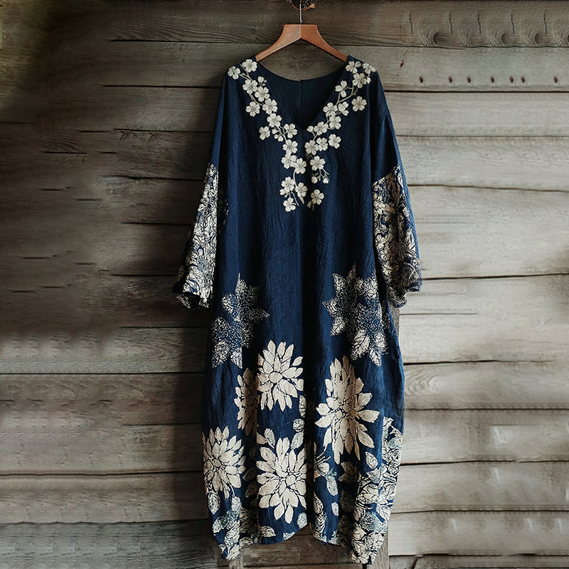 Vintage Japanese Traditional Sashiko With Floral Art Pattern Linen Blend Maxi Dress